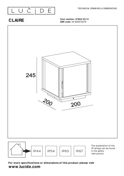 Lucide CLAIRE - Pollerleuchte - 1xE27 - IP54 - Weiß - technisch
